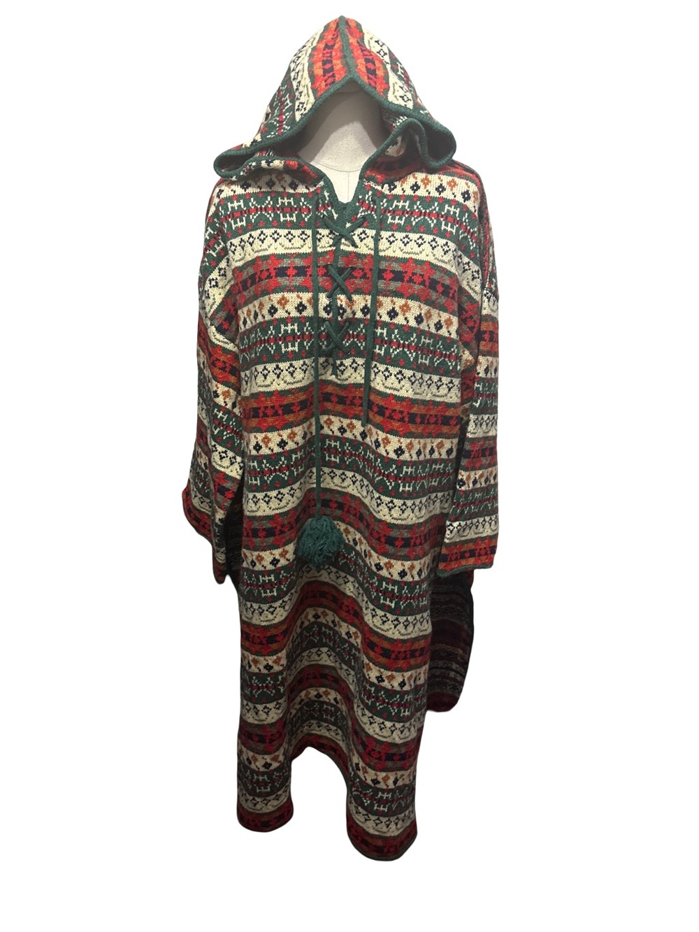Zara Pompoms Hooded Jacquard Wool Blend Poncho - size s/M
